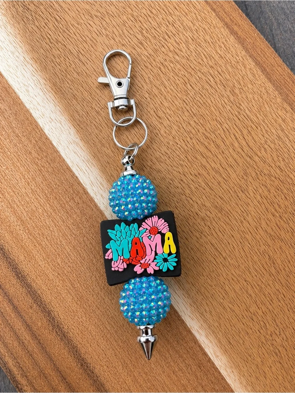 Mama Floral Turquoise Beaded Keychain